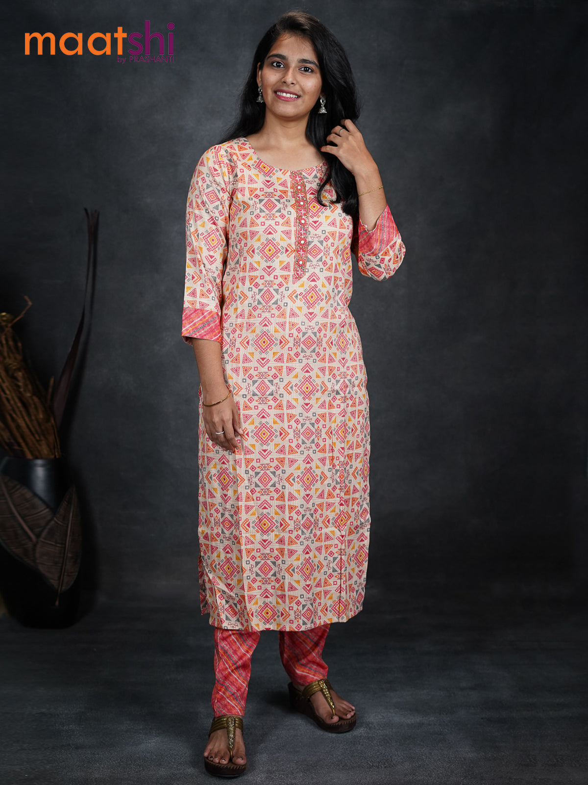 Satin cotton readymade kurti beige and pink shade with allover geometric prints & sequence work neck pattern and straight cut pant