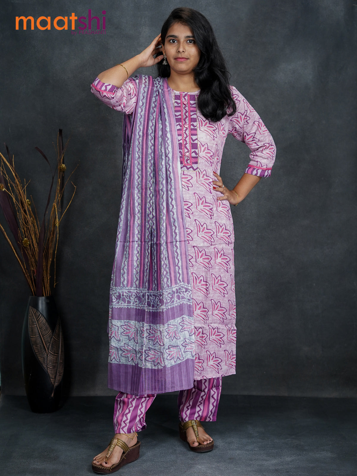 Modal readymade kurti set pastel pink and purple with allover prints & sequence work neck pattern and straight cut pant & dupatta