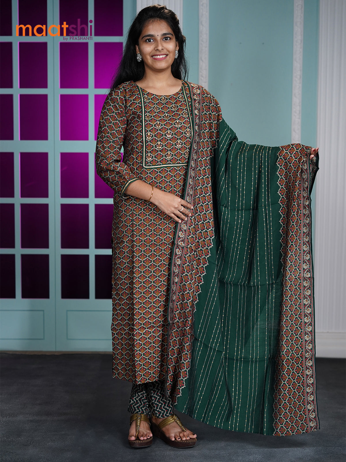 Muslin readymade kurti set dark green with allover prints & sequence work neck pattern and straight cut pant & dupatta