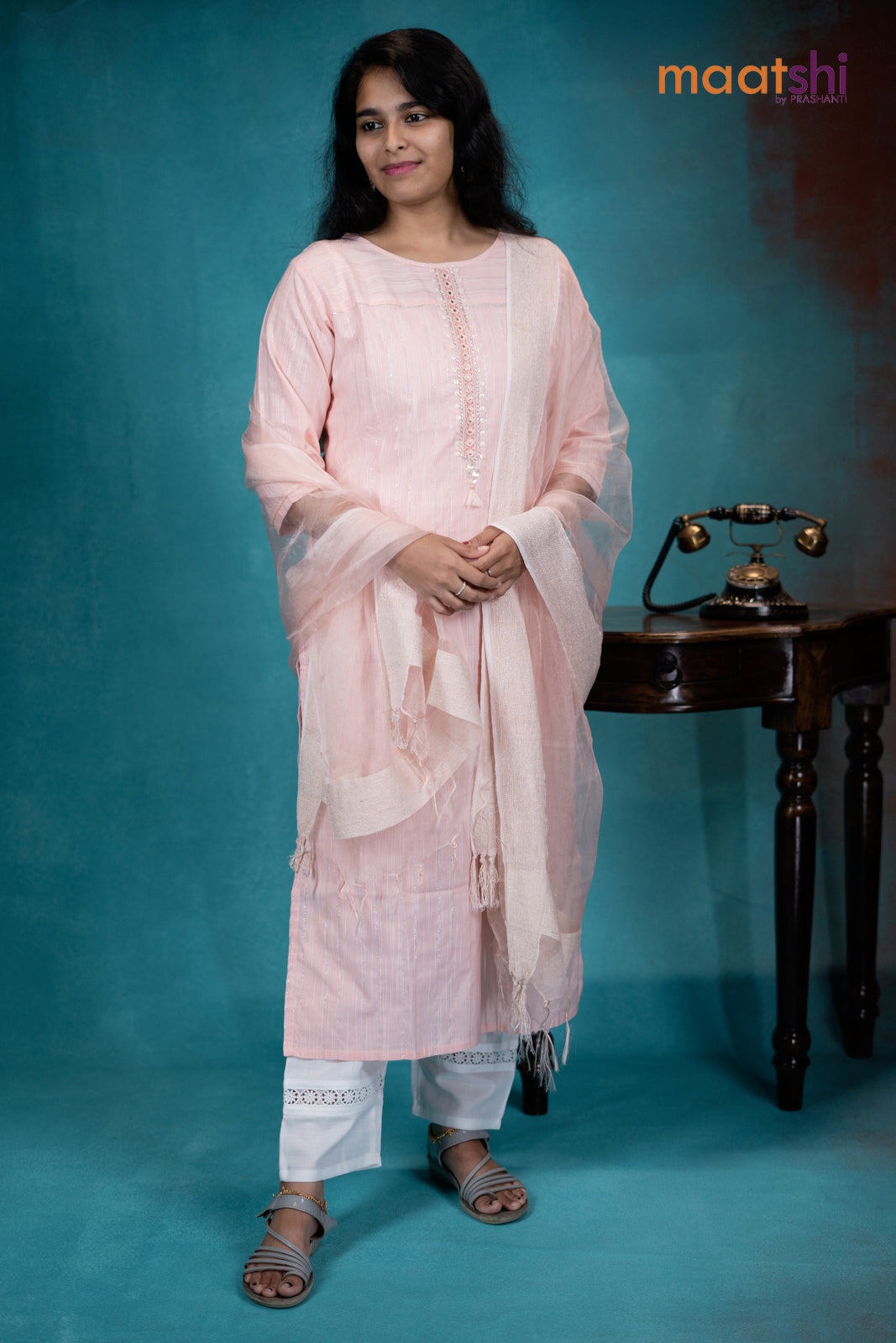 Cotton readymade kurti set peach with embroided & crocia lace work neck pattern and straight cut pant & dupatta