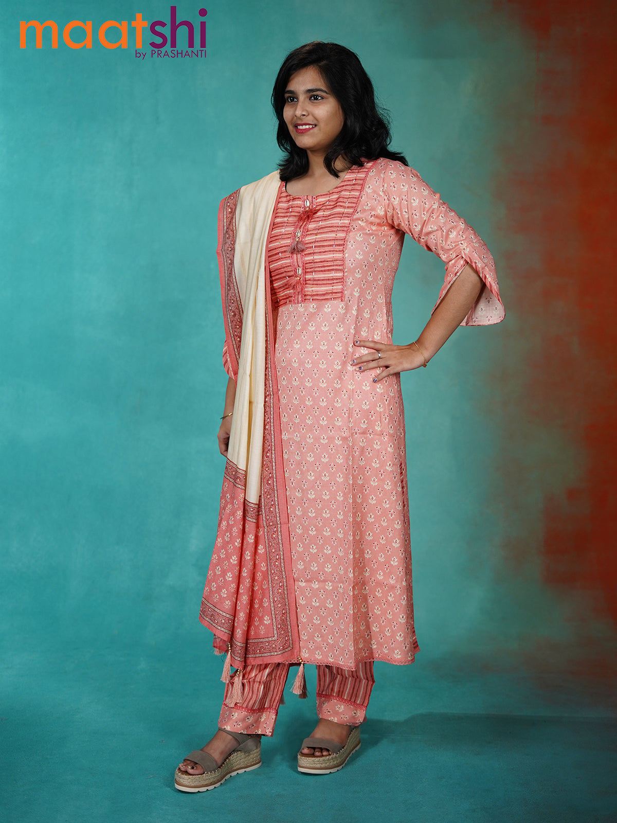 Slub cotton readymade kurti set peach pink with allover floral prints & beaded lace work neck pattern and straight cut pant & printed dupatta