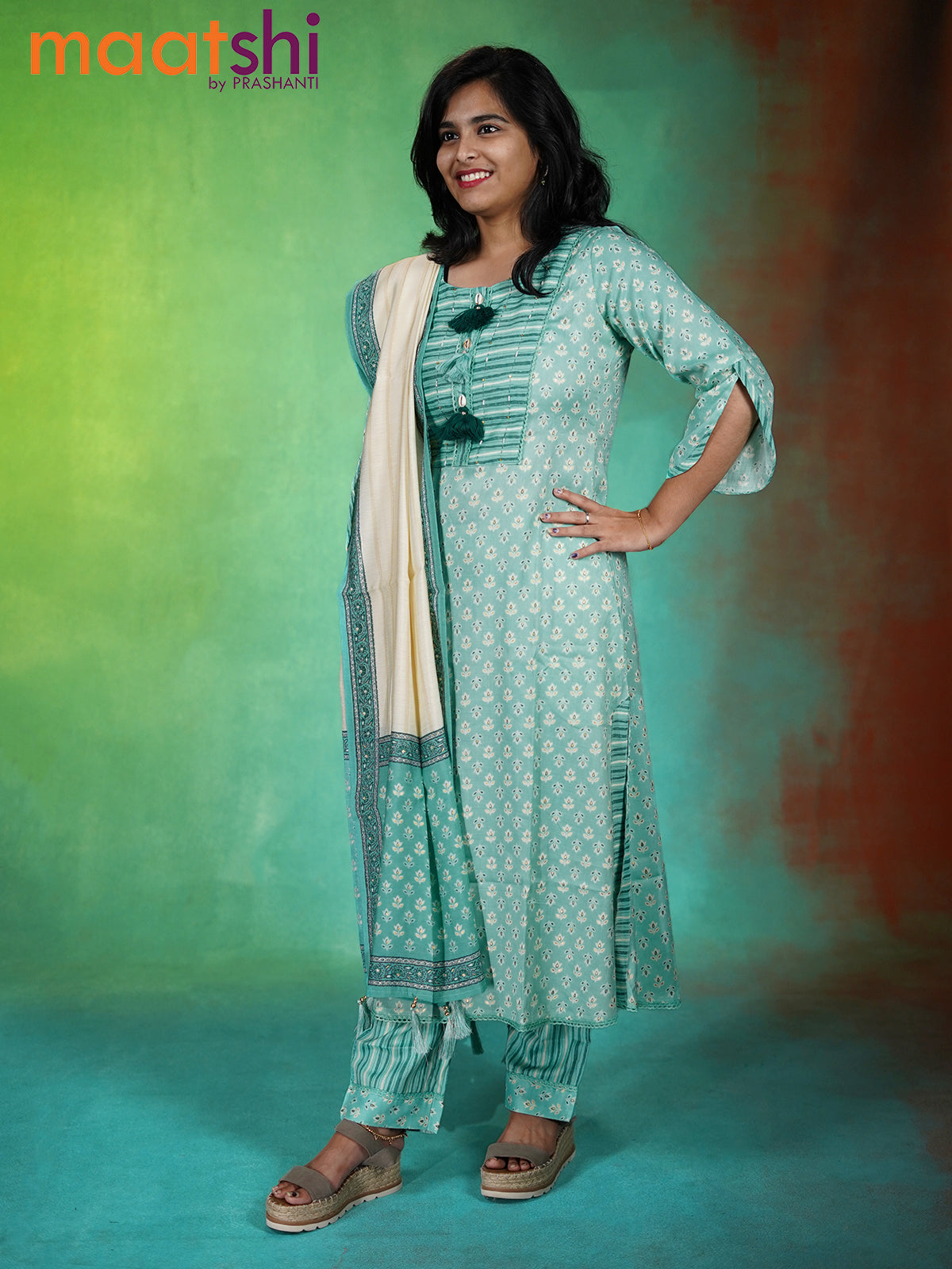 Slub cotton readymade kurti set teal blue with allover floral prints & beaded lace work neck pattern and straight cut pant & printed dupatta