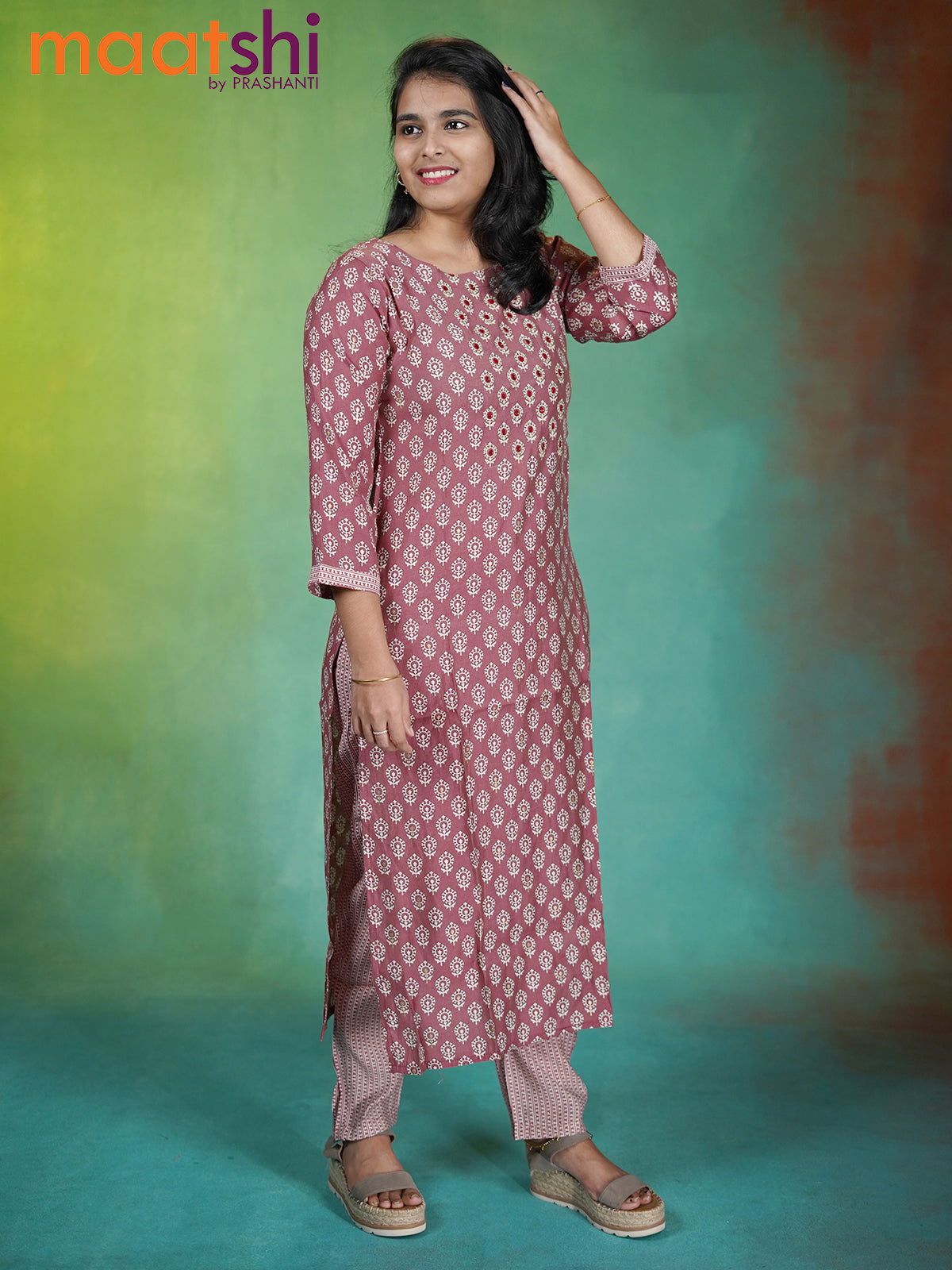 Modal readymade kurti pastel pink and off white with allover prints & mirror embroidery work neck pattern and straight cut pant