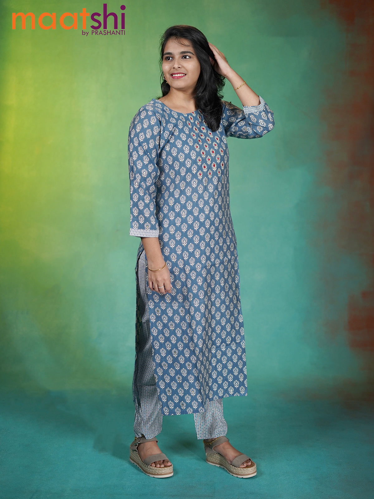 Modal readymade kurti blue shade and off white with allover prints & m ...