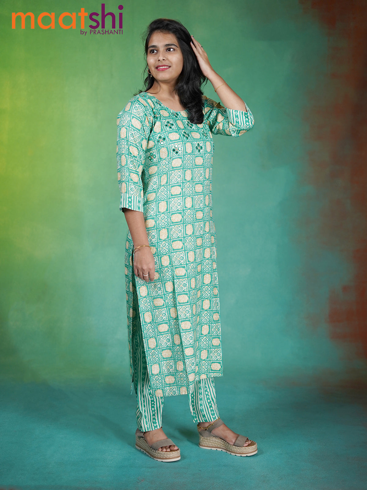 Slub cotton readymade kurti teal blue and beige with allover prints & mirror embroidery work neck pattern and straight cut pant