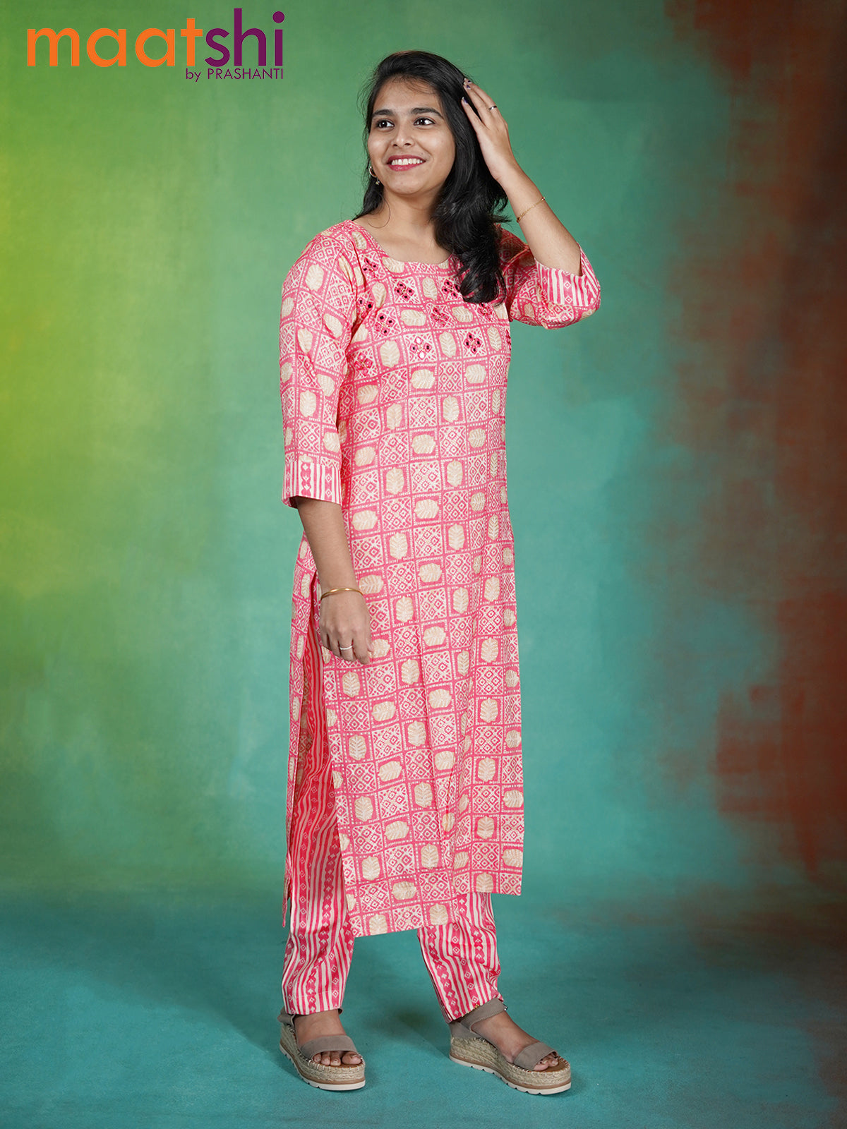 Slub cotton readymade kurti pink and beige with allover prints & mirror embroidery work neck pattern and straight cut pant