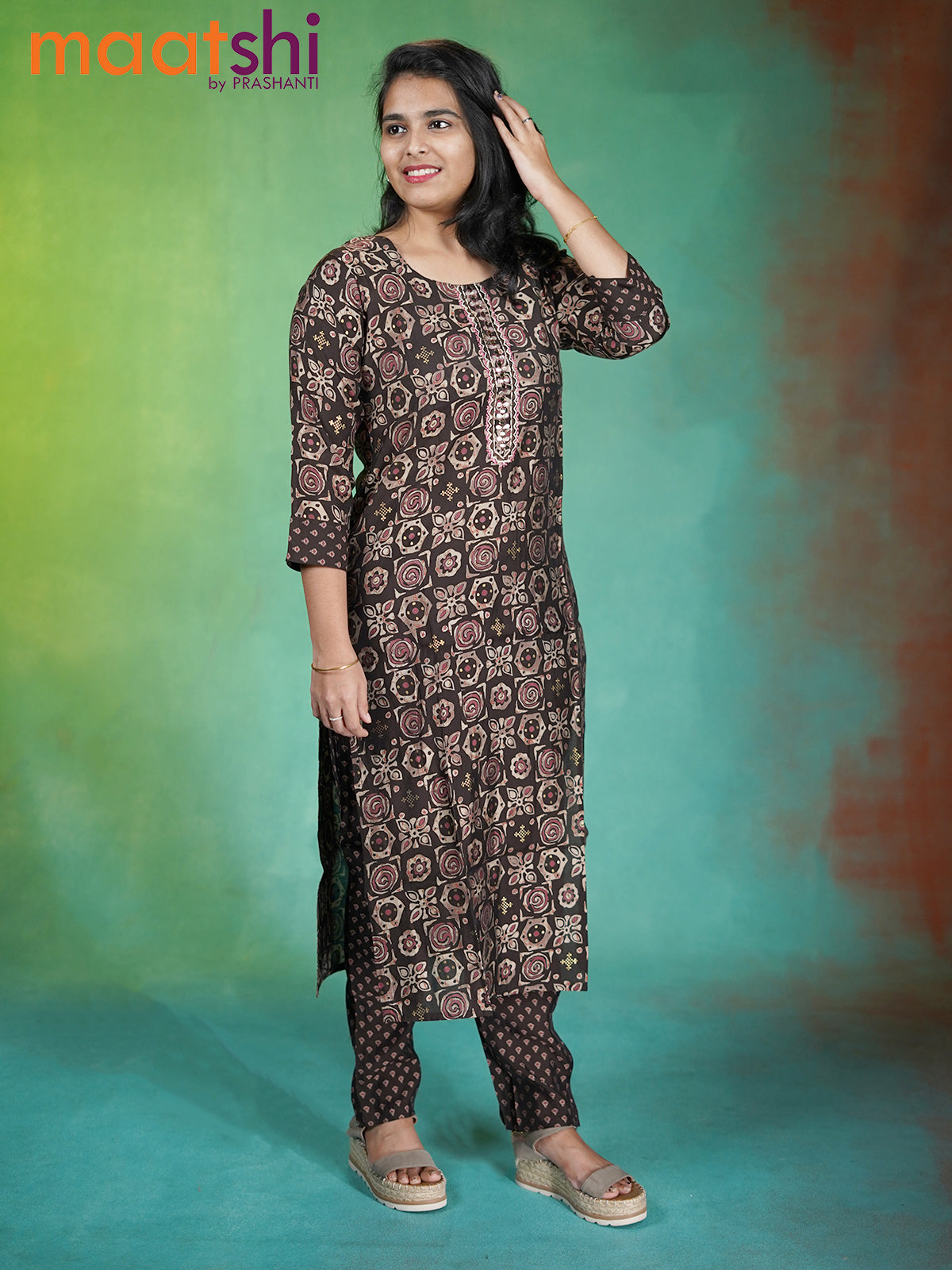 Modal readymade kurti dark coffee brown with allover geometric buttas & embroidery work neck pattern and straight cut pant