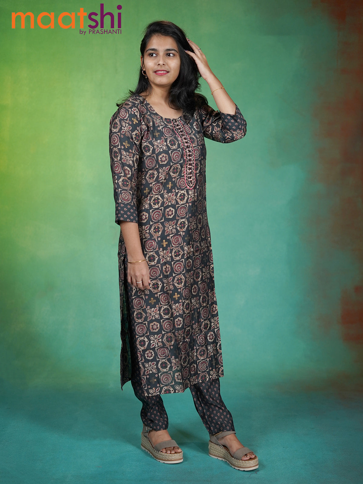 Modal readymade kurti elephant grey with allover geometric buttas & embroidery work neck pattern and straight cut pant