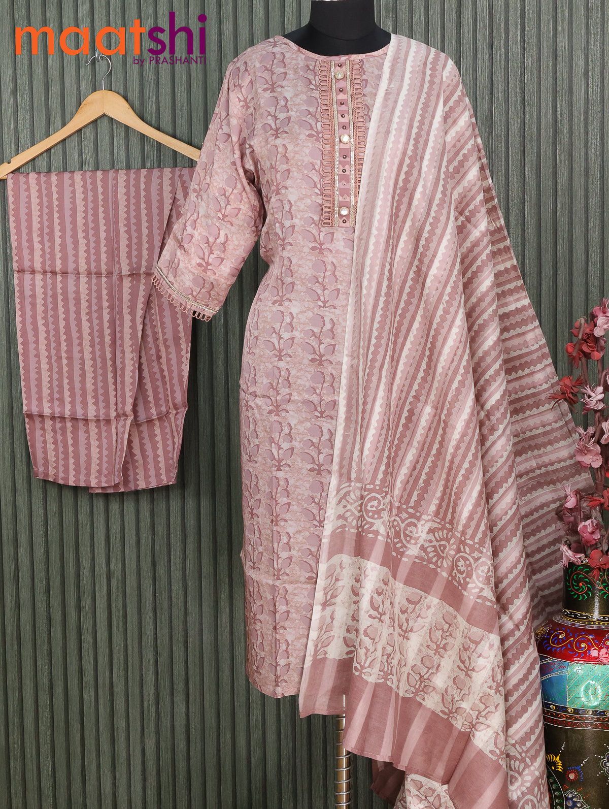 Modal readymade kurti set pastel peach with allover prints & patch work neck pattern and straight cut pant & dupatta