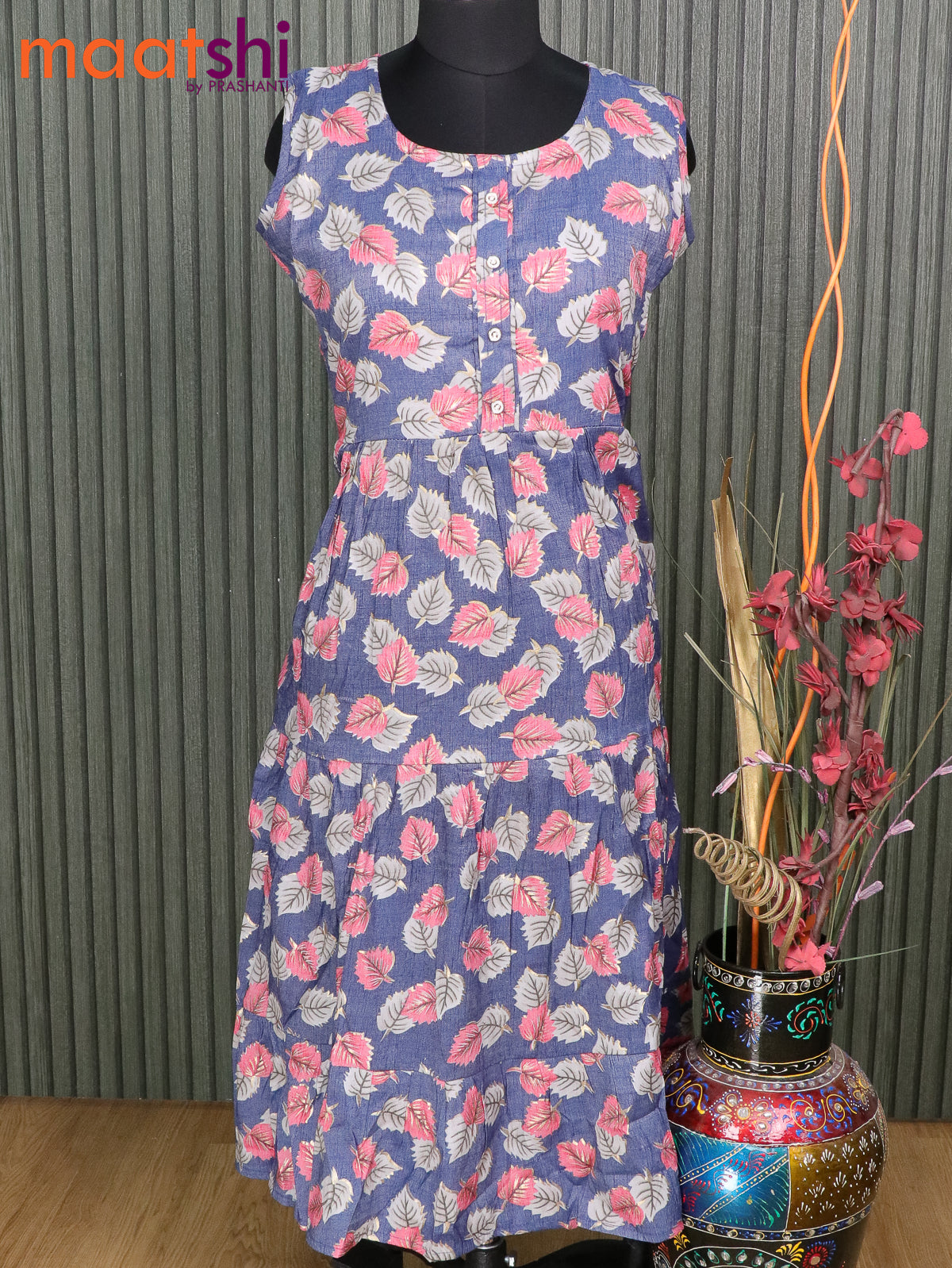 Slub cotton readymade umbrella kurti blue and pink with allover leaf prints without pant & Sleeve attached