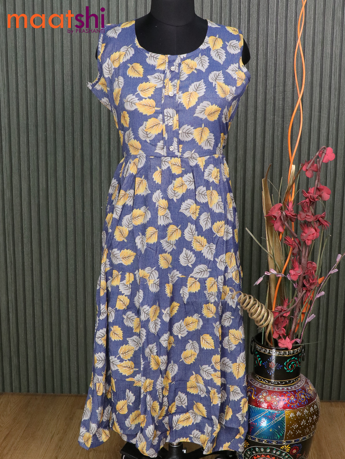 Slub cotton readymade umbrella kurti blue and yellow with allover leaf prints without pant & Sleeve attached