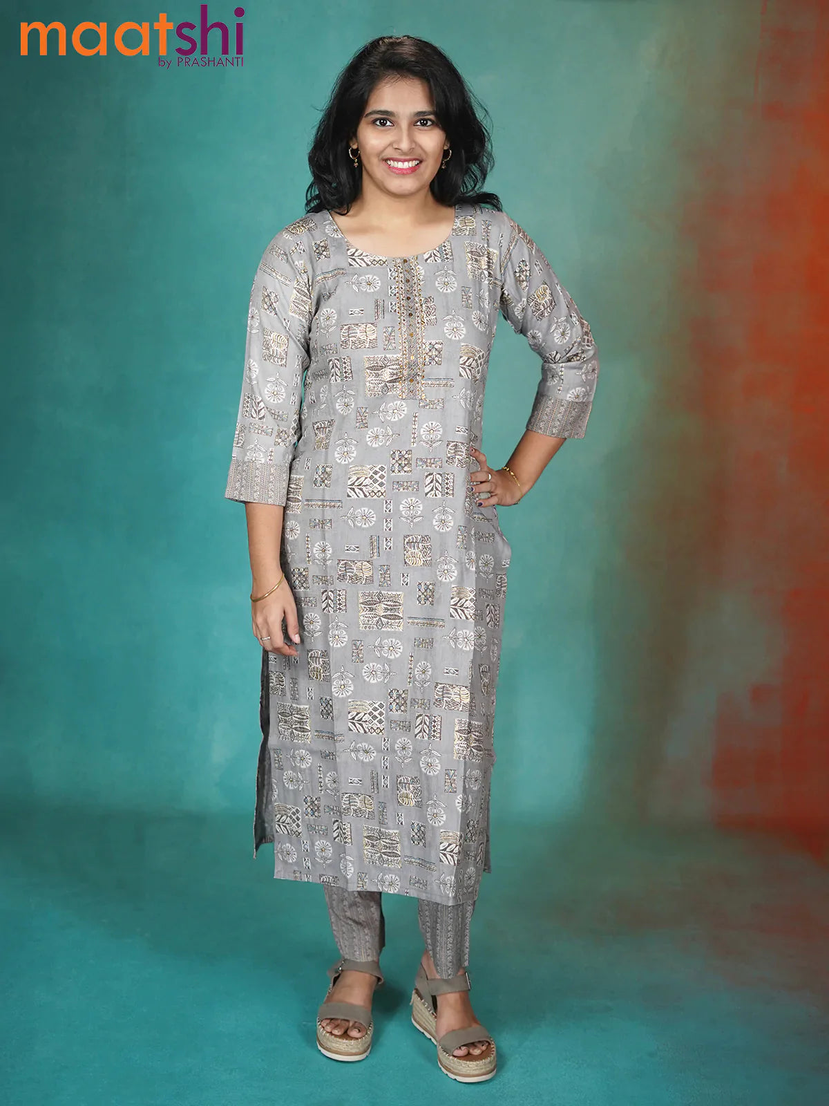 Slub cotton readymade kurti grey with allover prints & embroidery gotapatti lace work neck pattern and straight cut pant