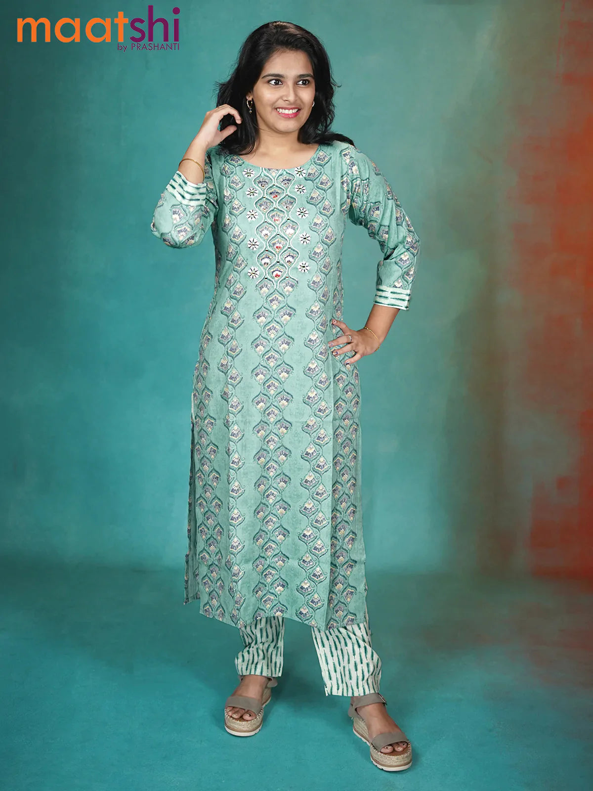 Slub cotton readymade kurti teal blue and cream with allover embroidery & mirror work neck pattern and straight cut pant