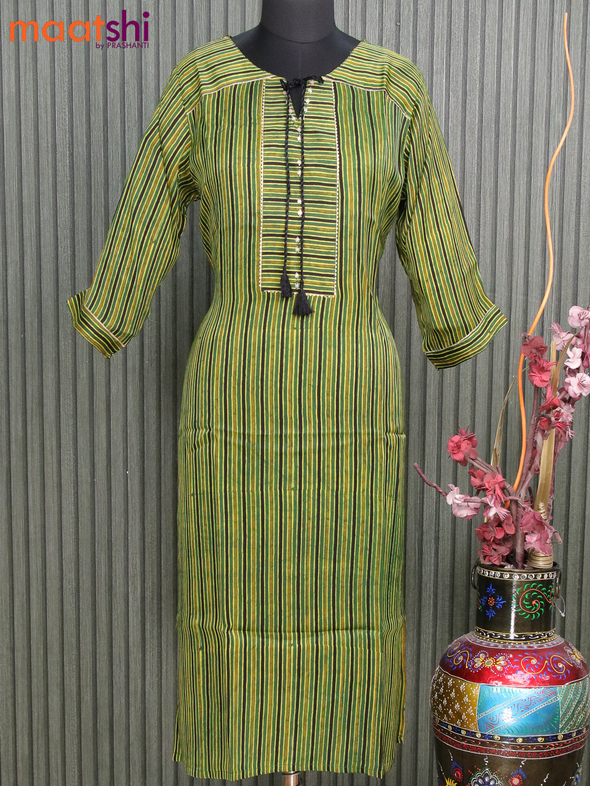 Muslin readymade kurti green with allover stripes pattern without pant