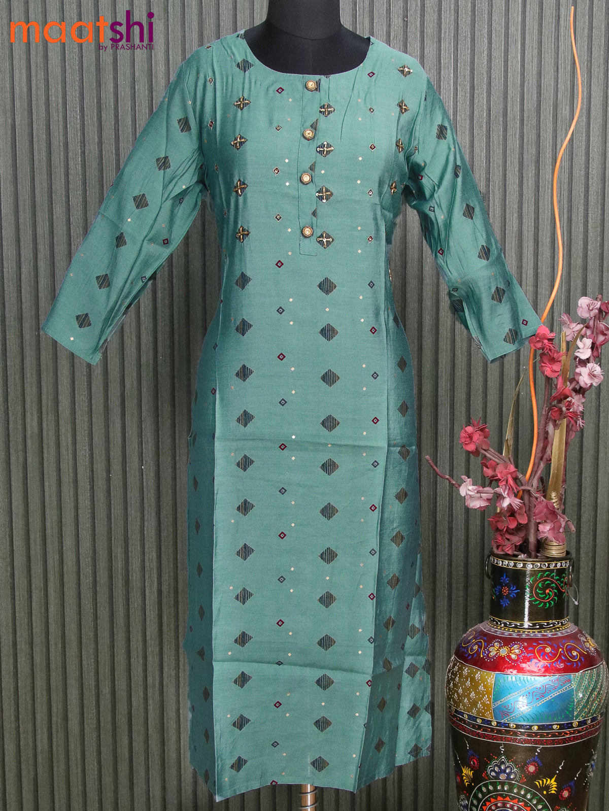 Muslin readymade kurti pastel blue shade with allover prints & simple neck pattern without pant