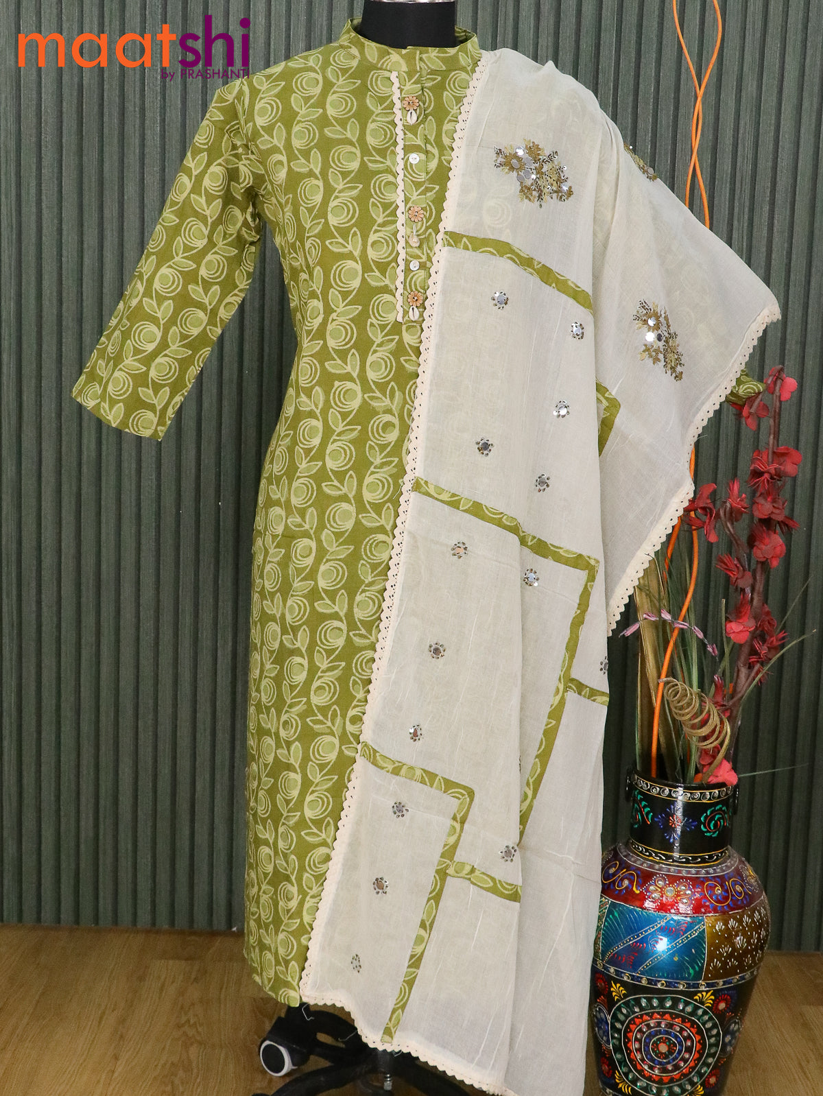 Cotton readymade kurti mehendi green and off white with allover prints & simple crocia patch work neck patteern and cotton dupatta