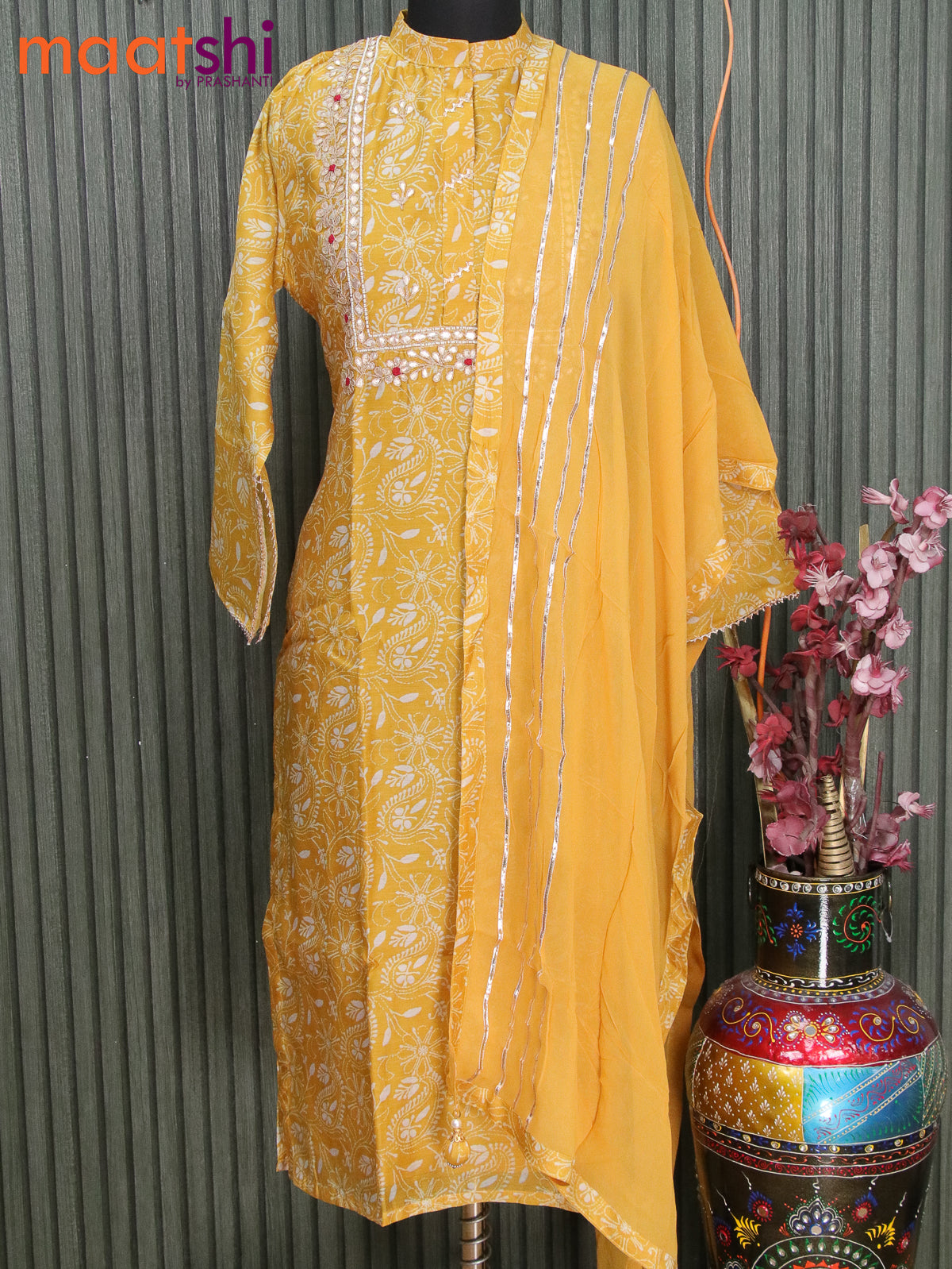Chanderi readymade kurti yellow with allover prints & beaded patch work neck pattern and chiffion dupatta