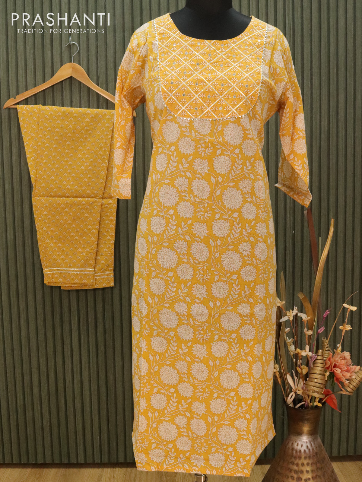 Cotton readymade kurti yellow with allover floral prints & mirror work gotapatti lace neck pattern and straight cut pant
