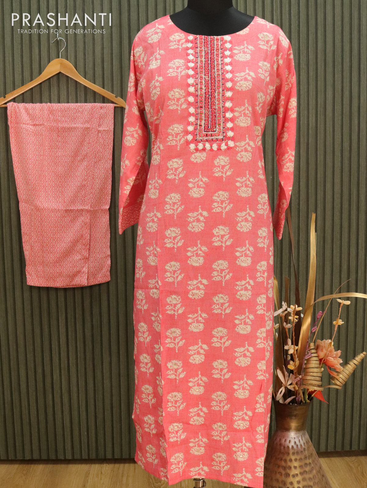 Slub cotton readymade kurti pink with allover prints & mirror work embroided neck pattern and straight cut pant