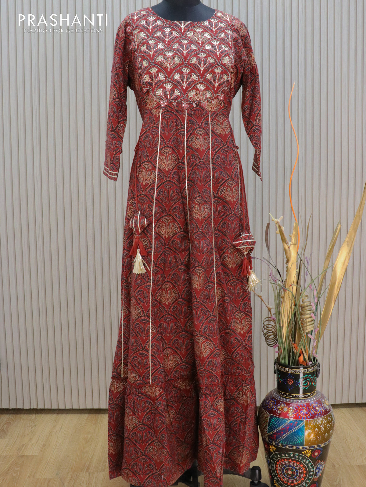 Cotton readymade floor length kurti maroon and black with allover kalamkari prints & mirror work neck design without pant