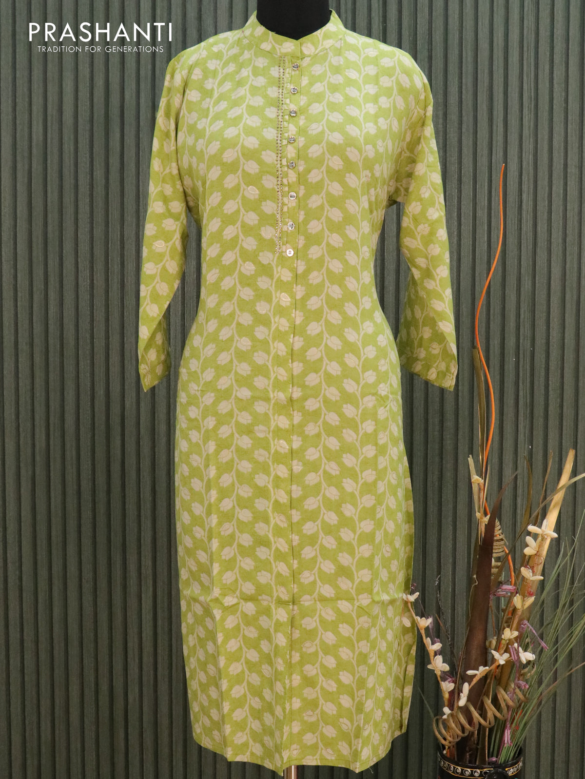 Slub cotton readymade kurti light green with allover prints & patch work neck pattern without pant