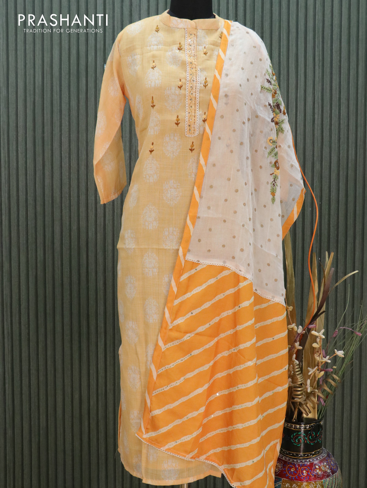 Cotton readymade kurti yellow and off white with allover prints & embroided neck pattern and embroided & satin dupatta