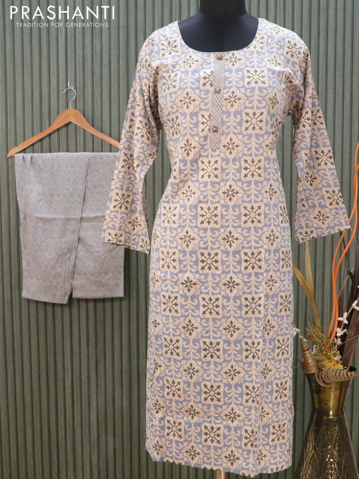 Slub cotton readymade kurti grey and beige with allover prints and straight cut pant