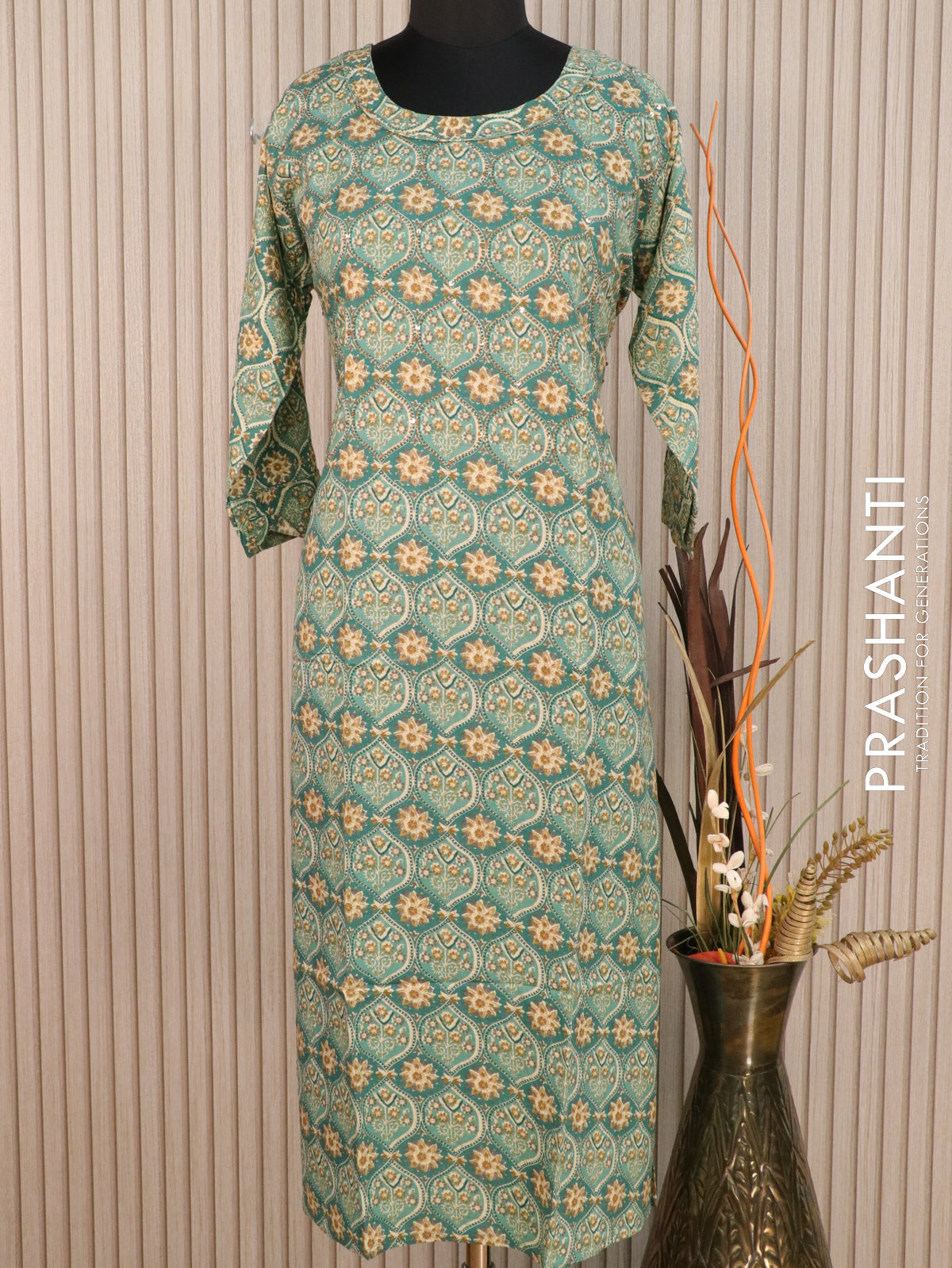 Rayon readymade kurti green shade with allover prints without pant