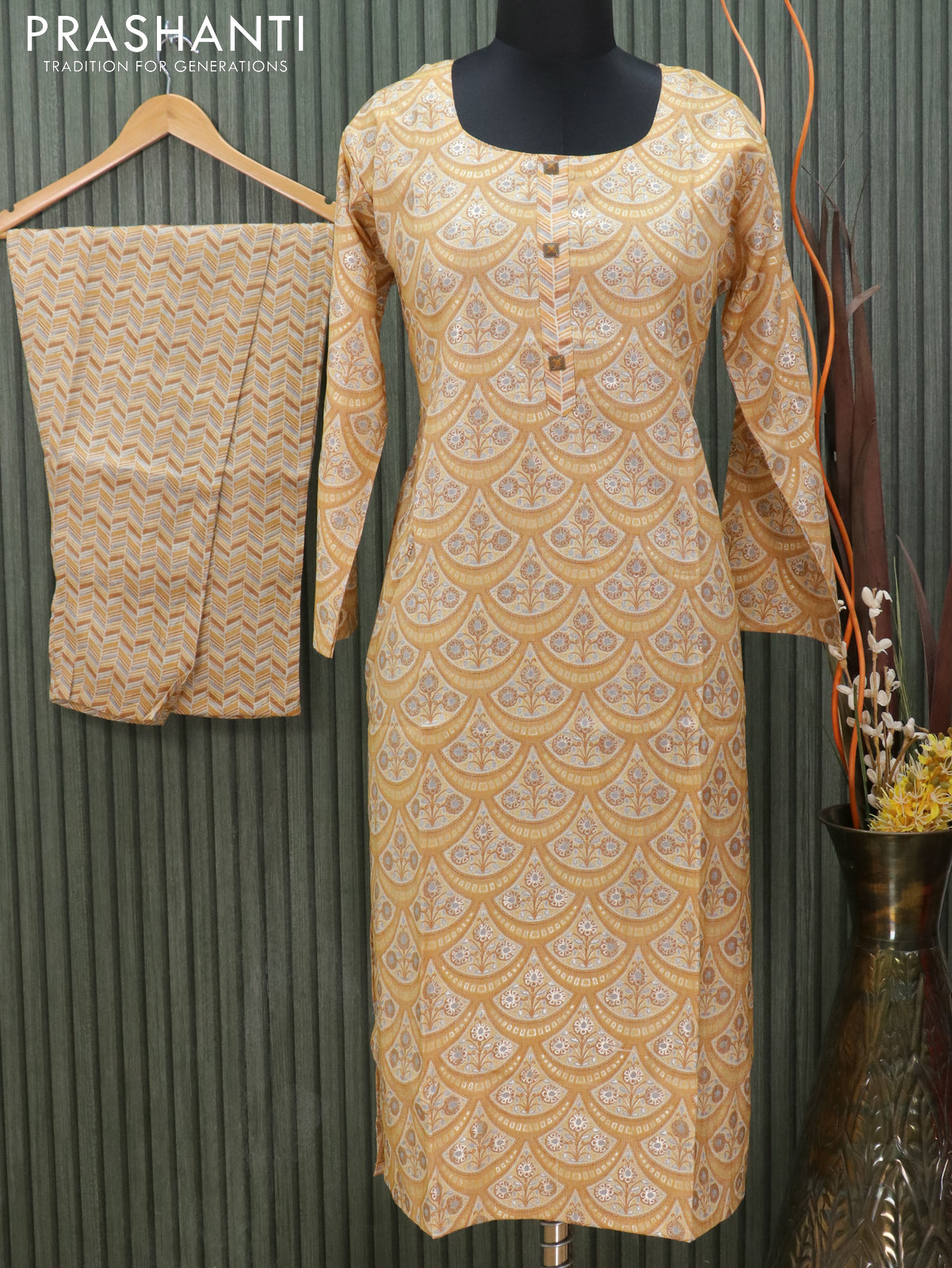 Slub cotton readymade kurti dark mustard with allover prints and stright cut pant