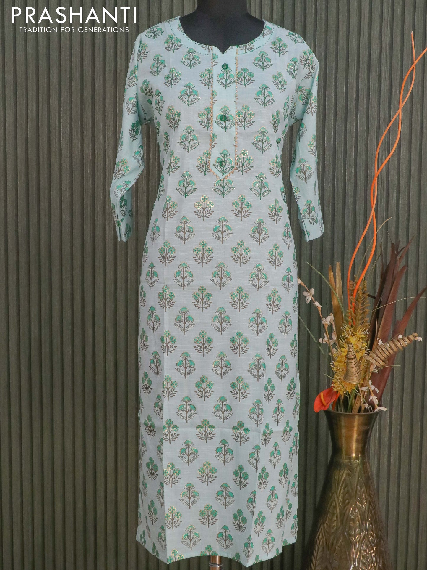 Cotton readymade kurti blue with allover prints & gottapatti lace work neck pattern without pant