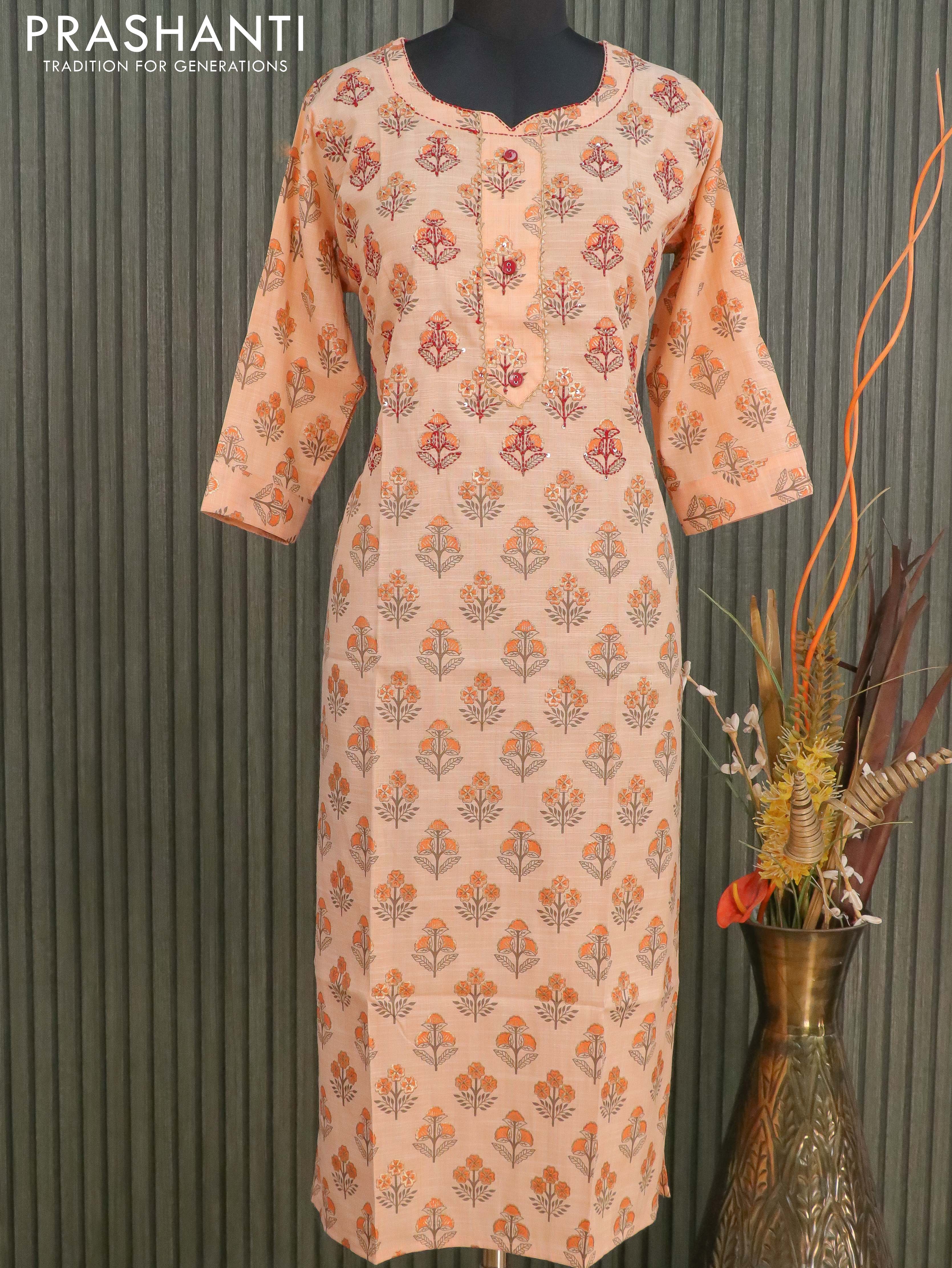 Cotton readymade kurti pale orange with allover prints & gottapatti lace work neck pattern without pant