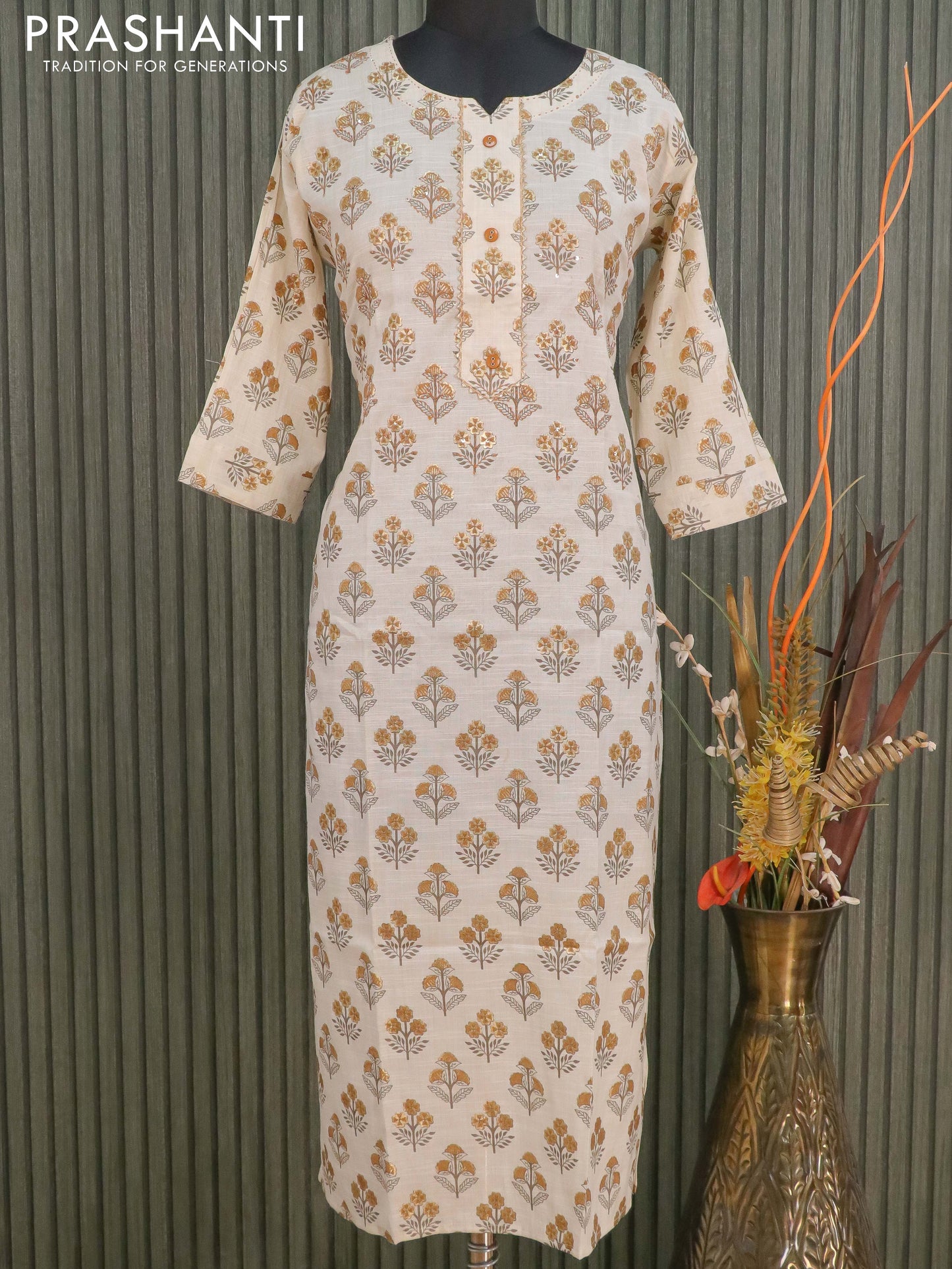 Cotton readymade kurti off white with allover prints & gottapatti lace work neck pattern without pant