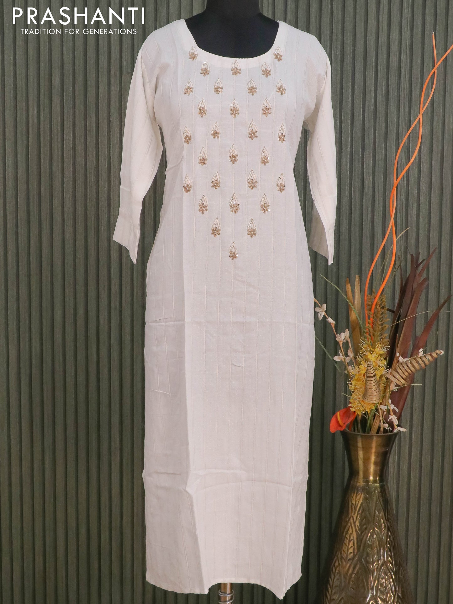 Cotton readymade kurti off white with embroidery work neck pattern without pant