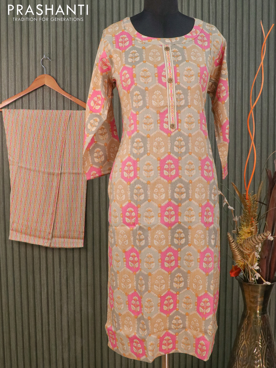 Slub cotton readymade kurti grey beige and pink with allover floral butta prints and stright cut pant