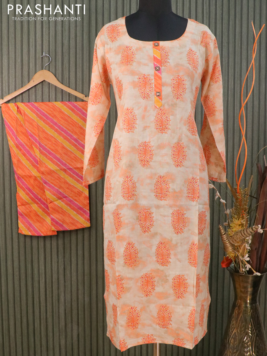 Slub cotton readymade kurti beige and orange with butta prints and stright cut pant