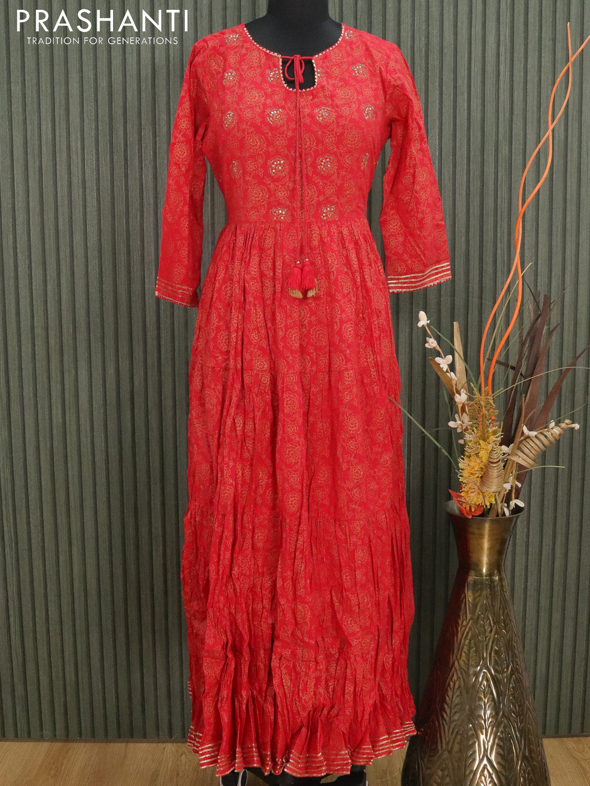 Cotton readymade floor length kurti red with allover prints without pant