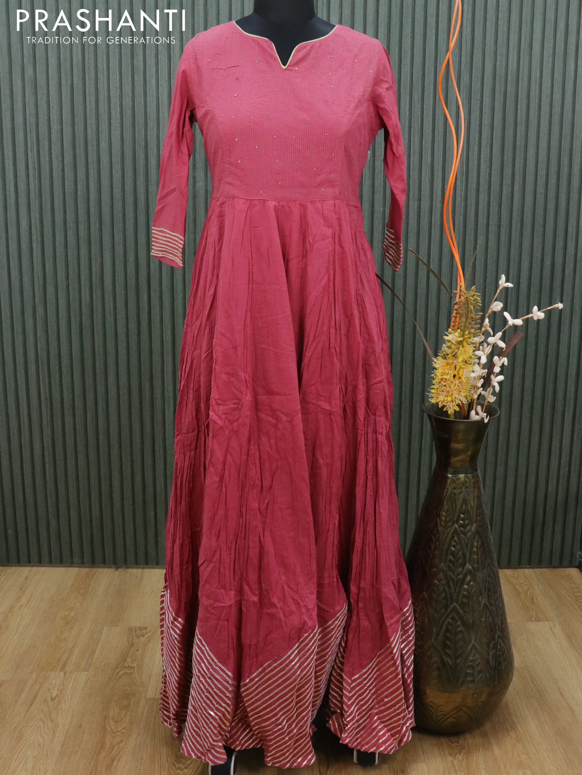 Cotton readymade floor length kurti pink shade with embroidery & sequins work leheriya pattern without pant