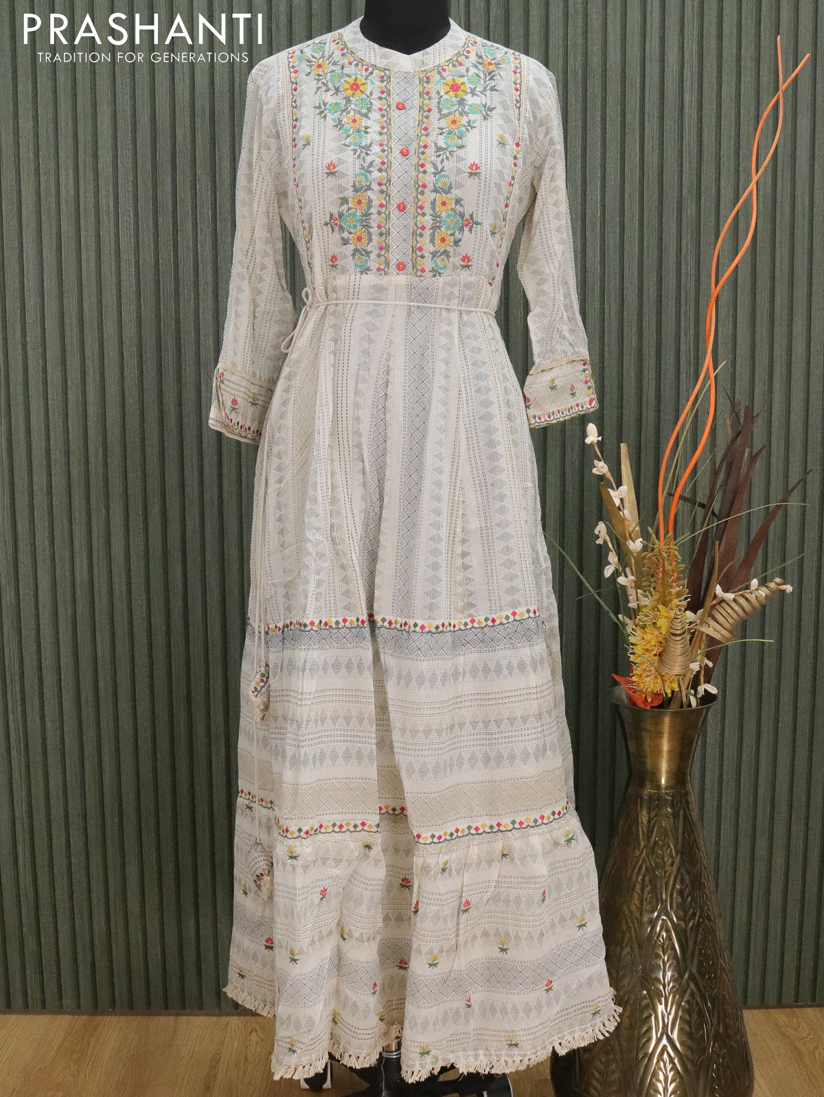 Cotton readymade floor length kurti off white with allover prints & floral design embroidery neck pattern without pant