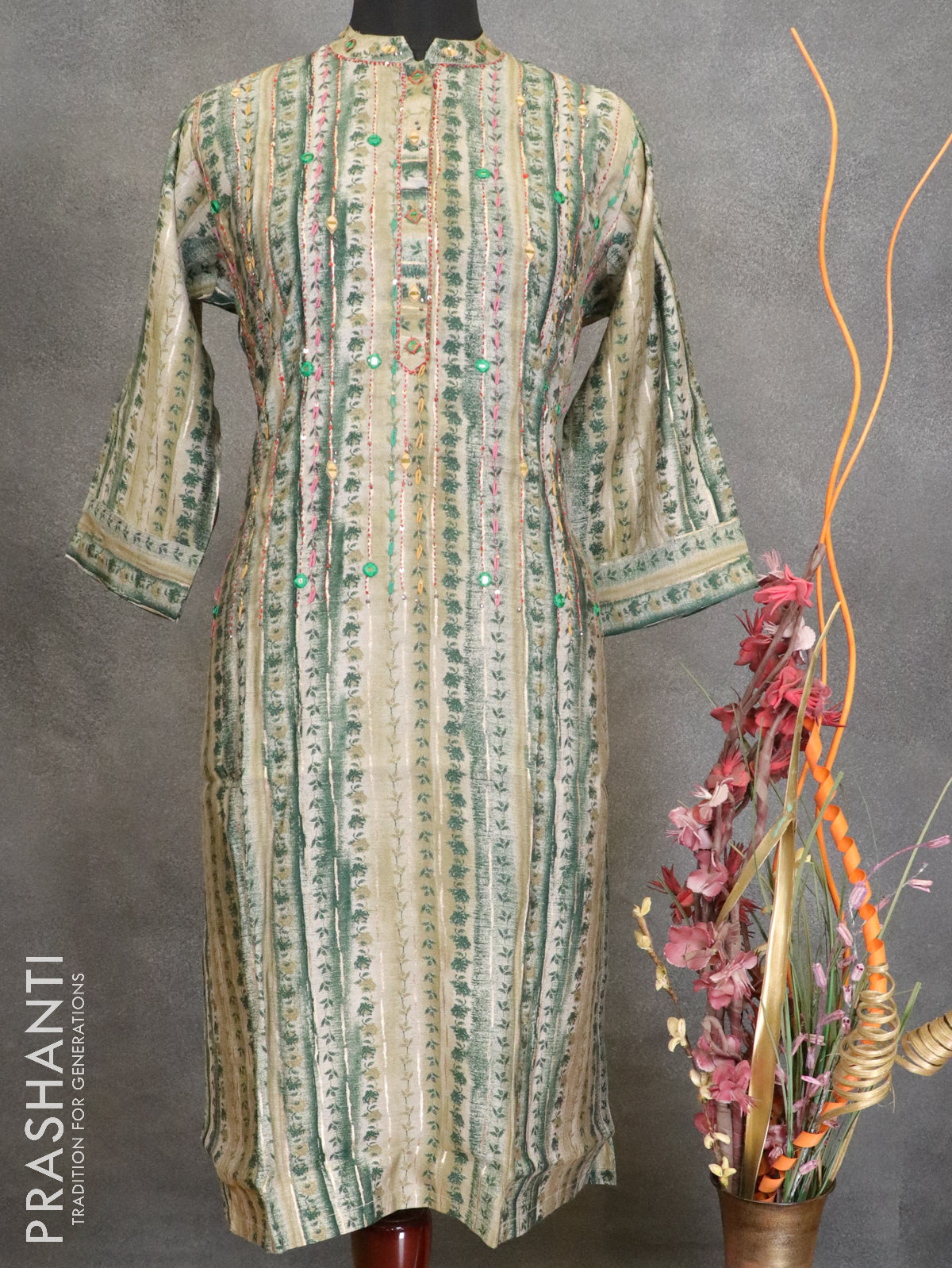 Muslin readymade kurti green shade and with allover prints & embroided mirror neck pattern and palazzo pant