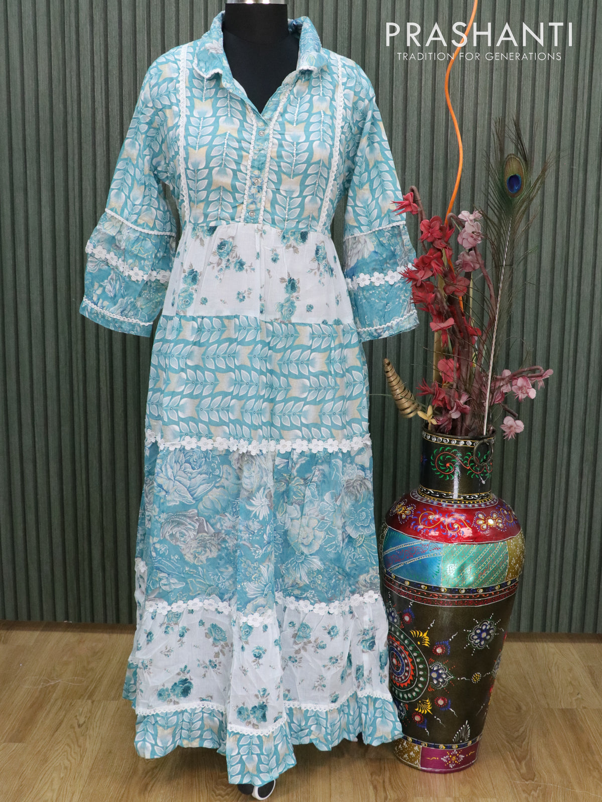 Cotton readymade anarkali kurti blue shade with allover prints & crosia lace work neck design without pant