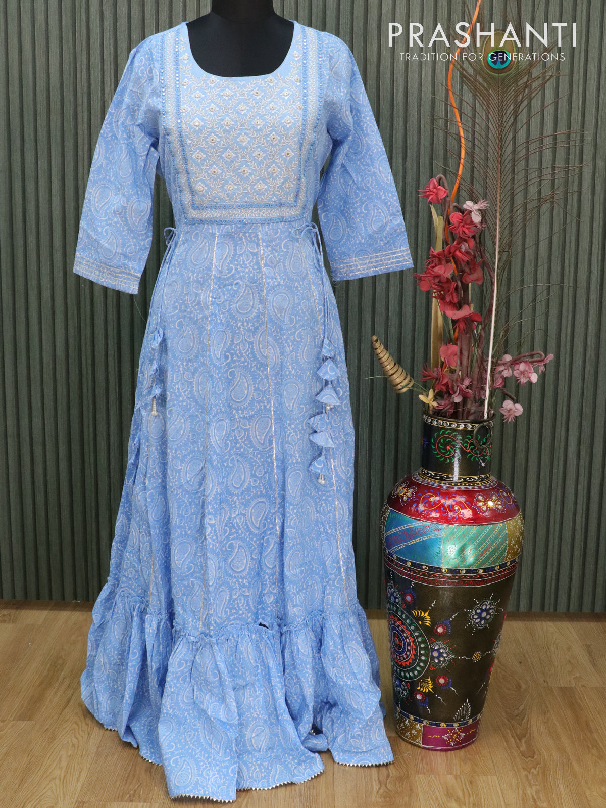 Cotton readymade anarkali kurti blue shade with allover paisley prints mirror & embroided work neck design without pant