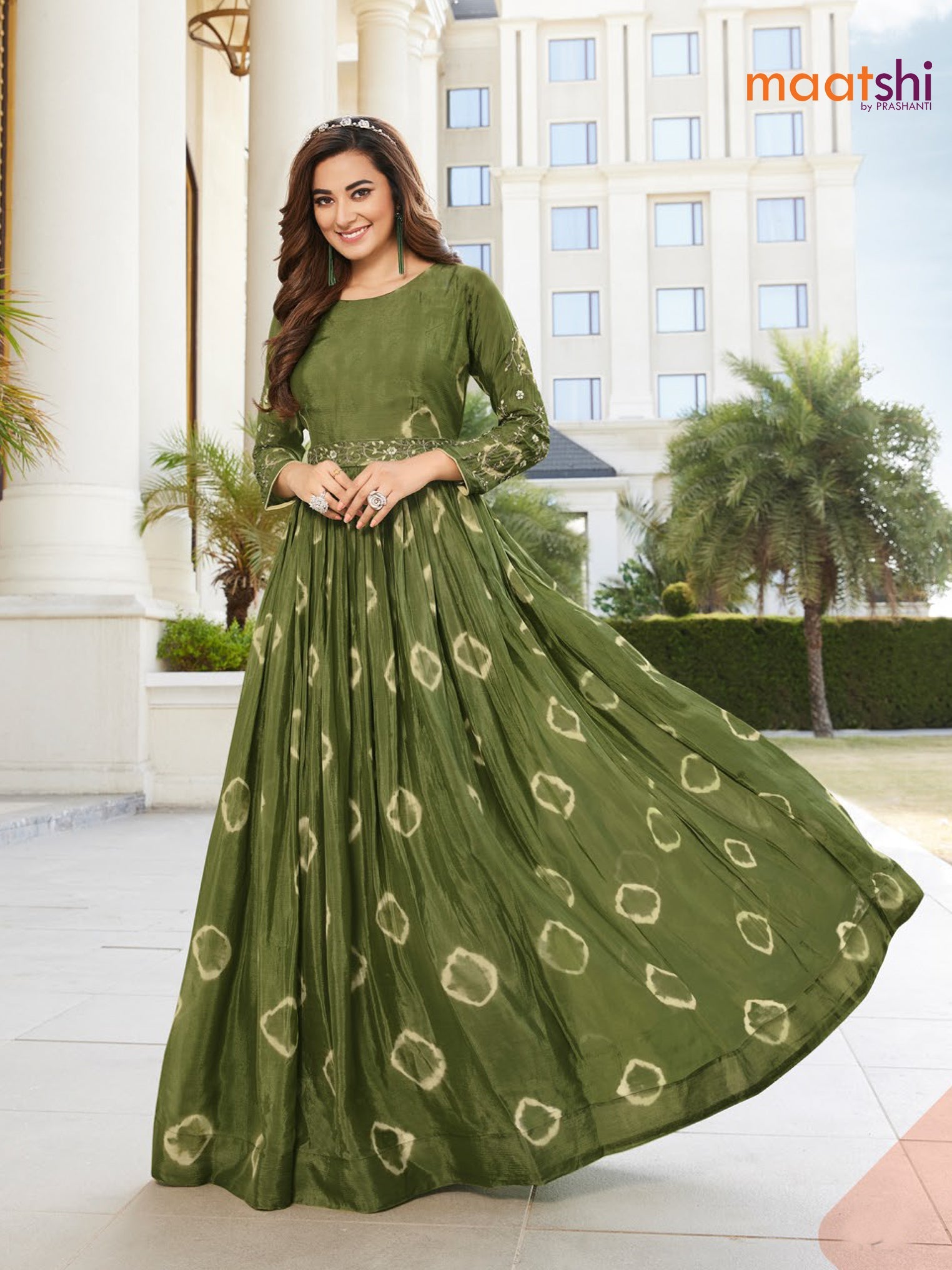 Chanderi readymade floor length cancan dress green with allover batik prints & hip belt without pant