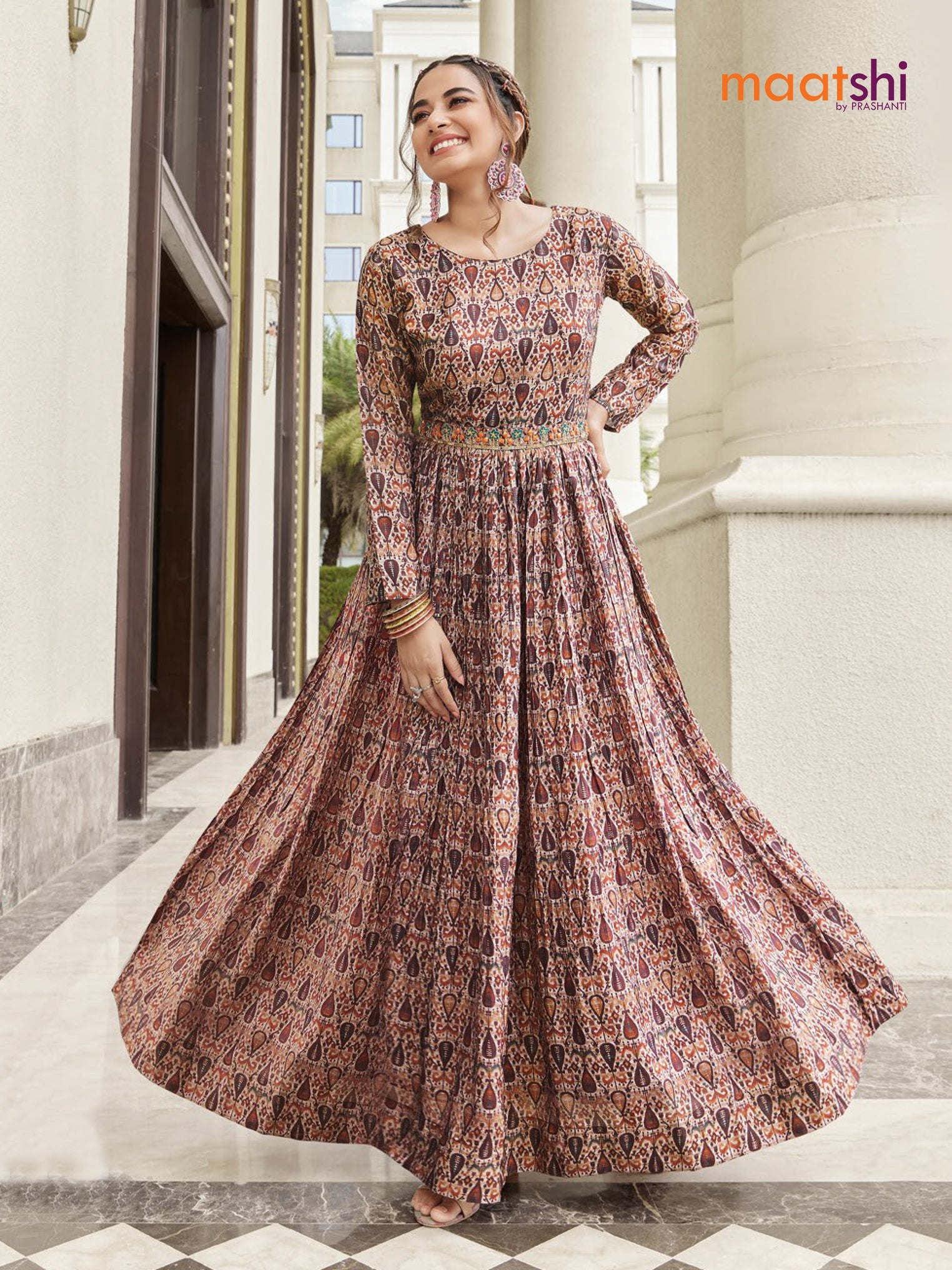 Muslin readymade floor length cancan dress multi colour with allover prints & hip belt without pant