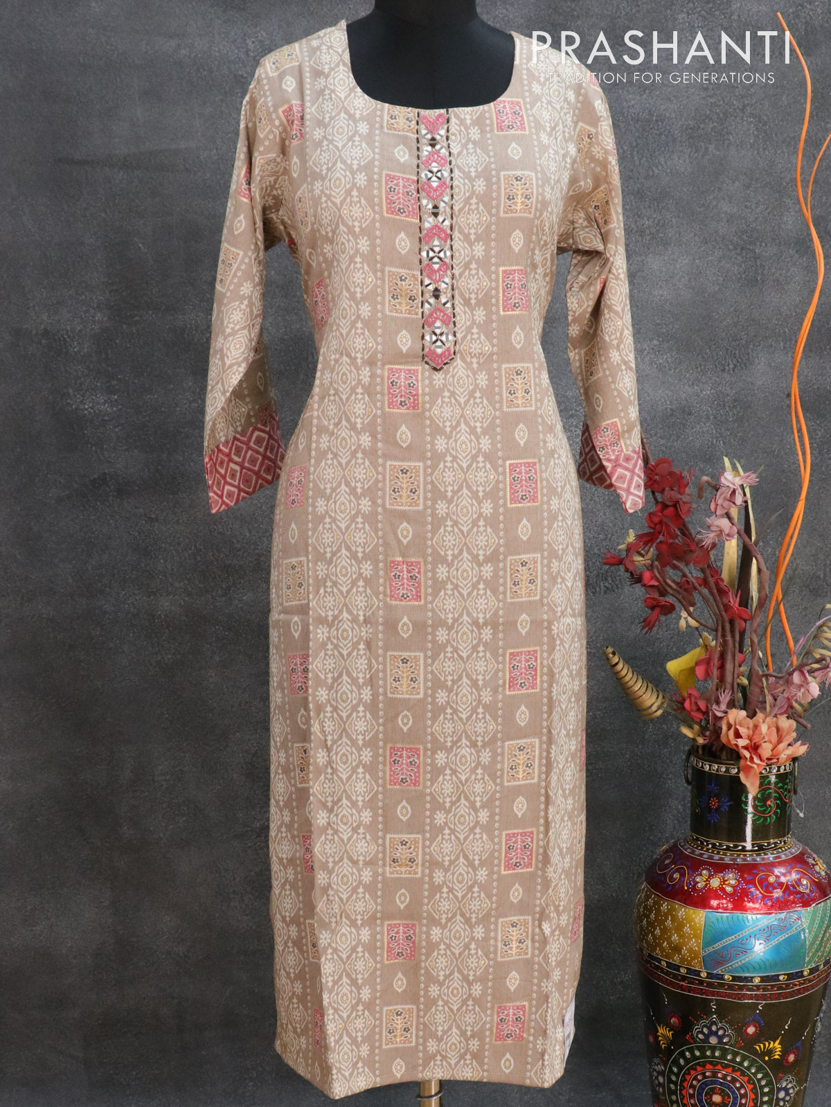 Slub cotton readymade kurti beige and pastel maroon shade with allover prints mirror & embroided neck pattern and straight cut pant