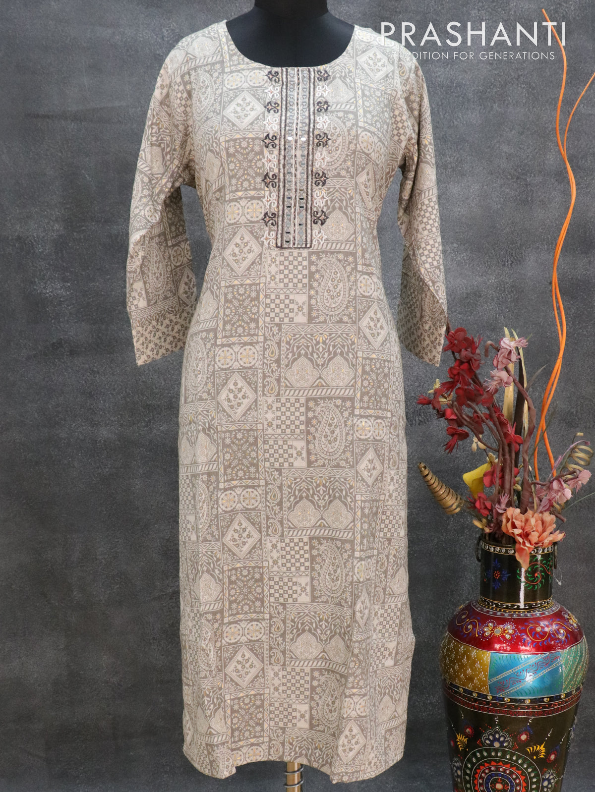 Slub cotton readymade kurti off white and grey with allover prints mirror & embroided neck pattern and straight cut pant