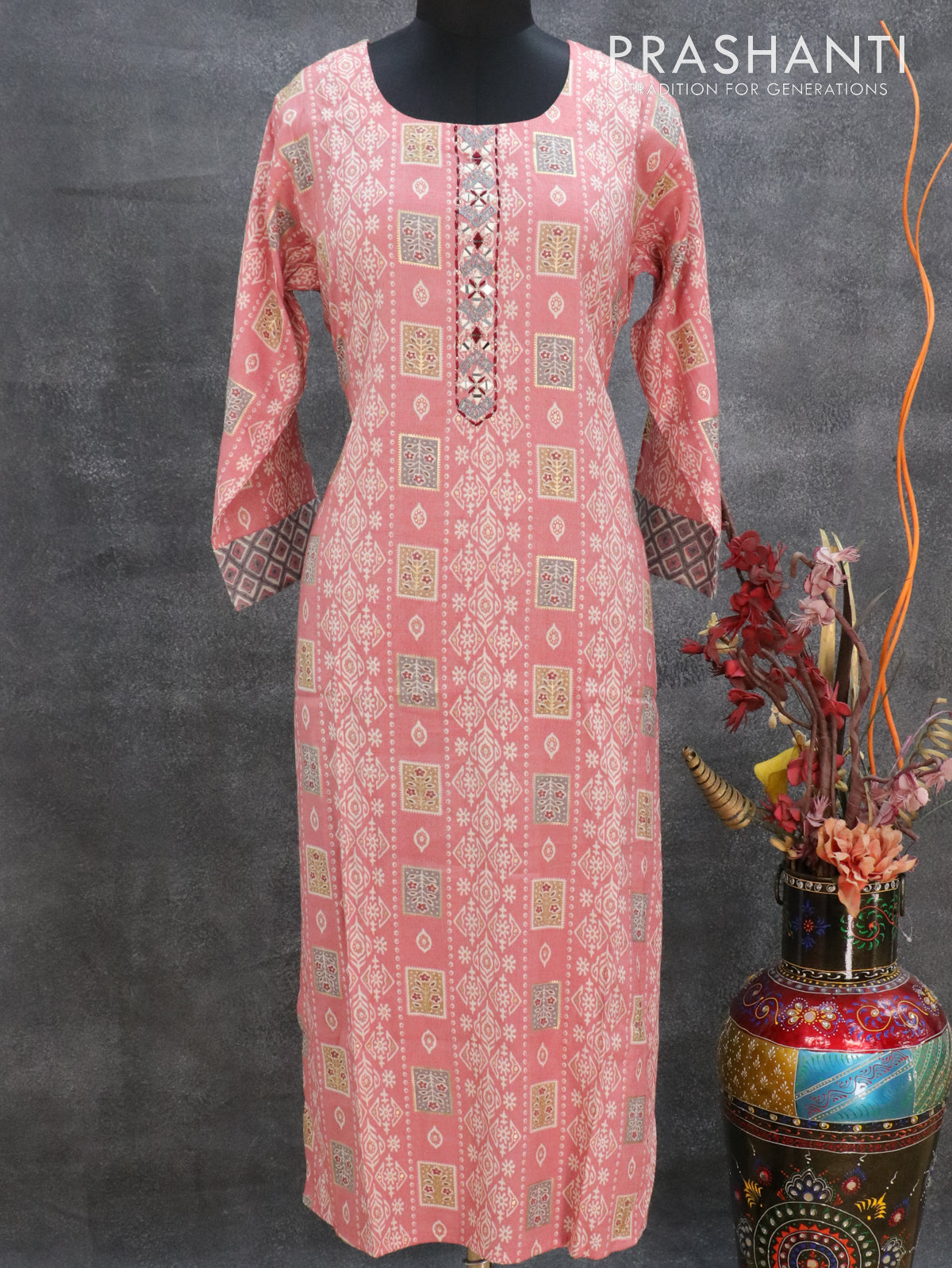 Slub cotton readymade kurti pink shade and grey with allover prints mirror & embroided neck pattern and straight cut pant