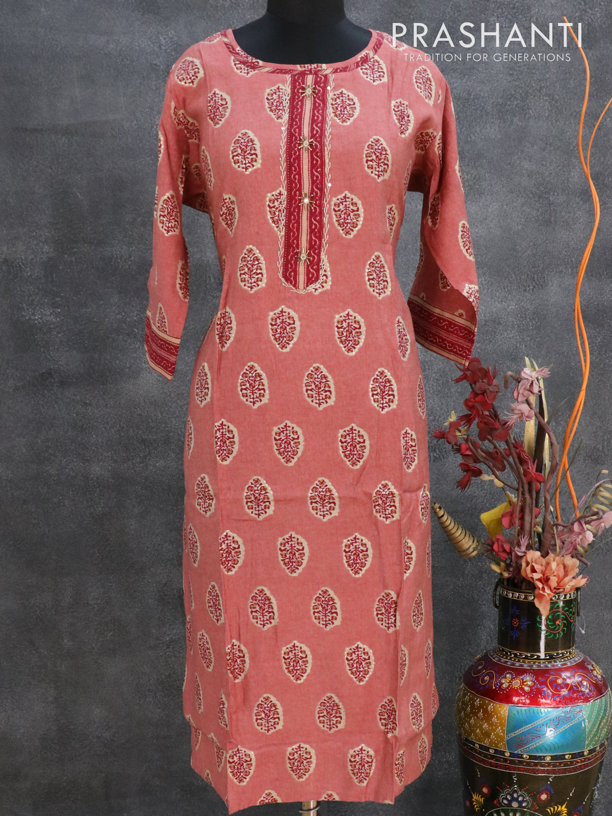 Modal readymade kurti pastel maroon shade with allover butta prints & beaded neck pattern and straight cut pant