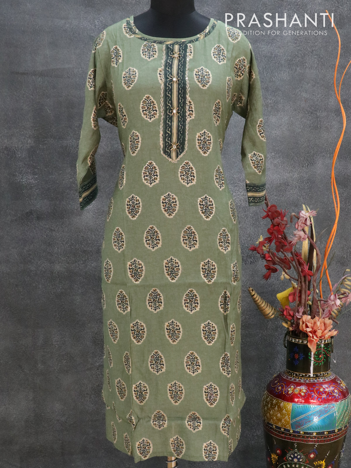 Modal readymade kurti green shade with allover butta prints & beaded neck pattern and straight cut pant