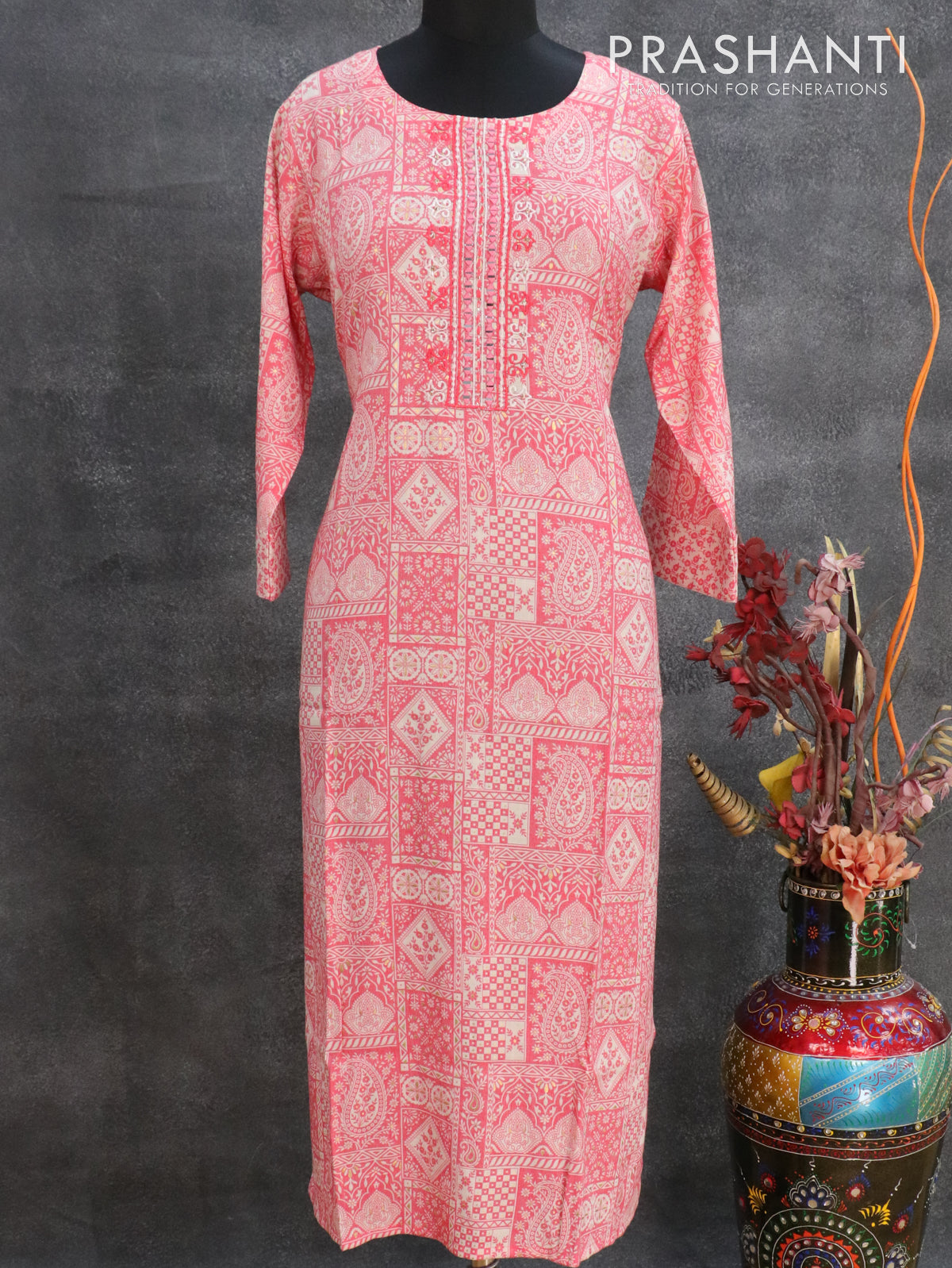 Slub cotton readymade kurti pink shade with allover prints mirror & embroided neck pattern and straight cut pant