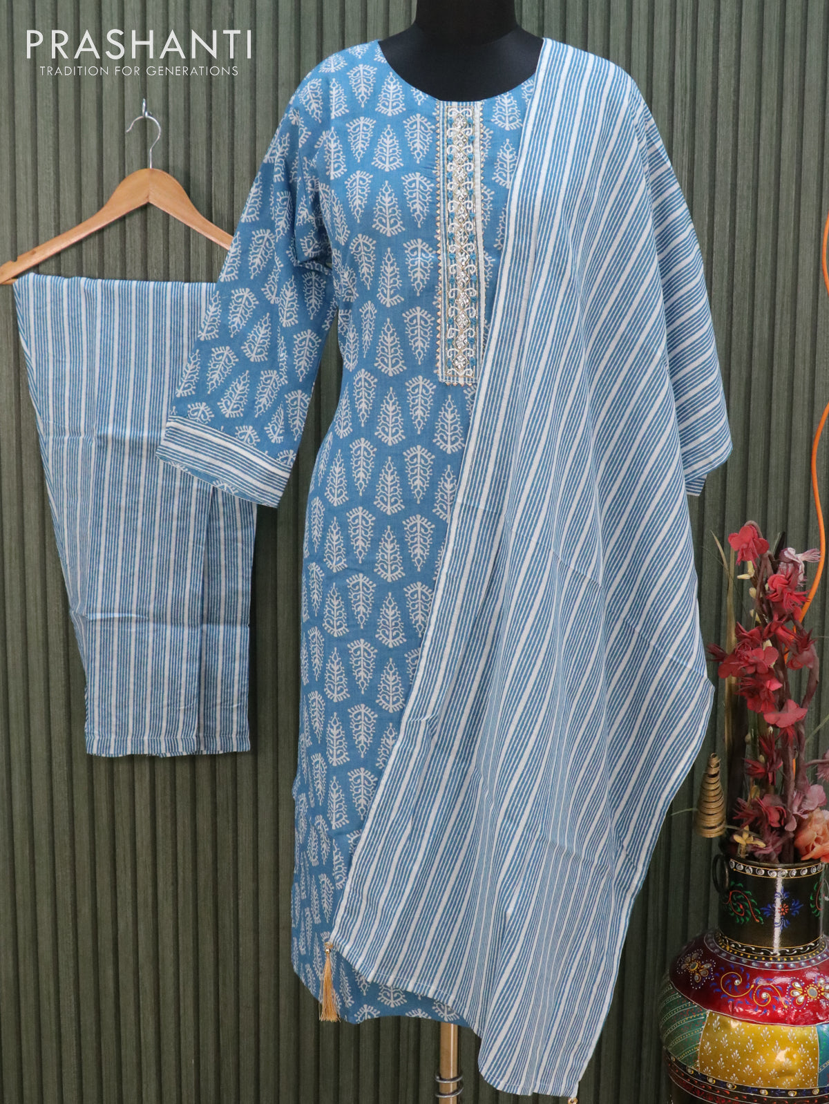 Cotton readymade kurti blue and off white with beaded & gotapatti lace neck pattern and straight cut pant & dupatta